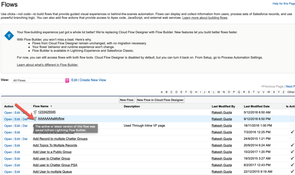 Trang quản lý Flow — nhận biết icon phân biệt Flow Builder mới và Cloud Flow Designer cũ